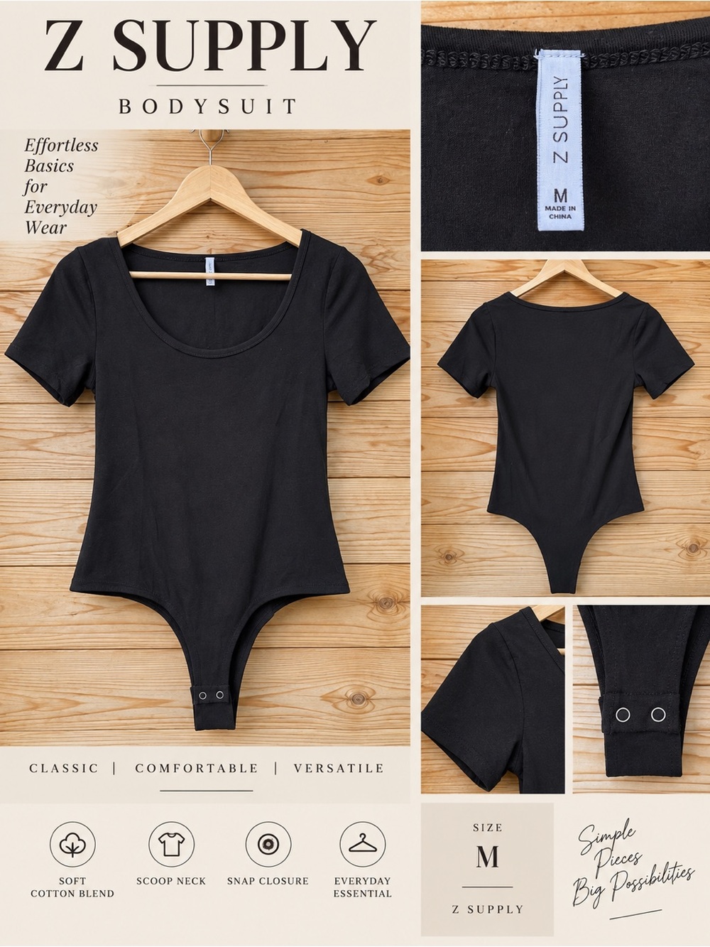 Z Supply Black Scoop Neck Bodysuit Size Medium Cotton Blend